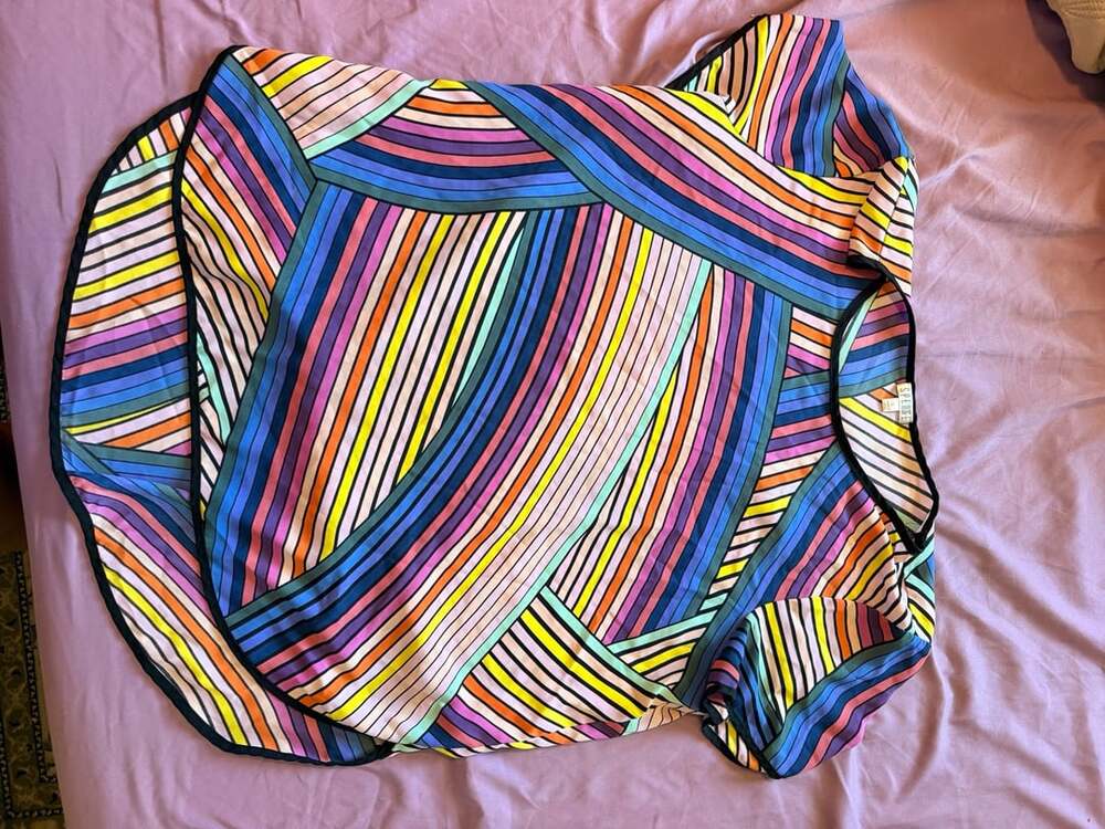 Spense Multicolor Geometric Striped Short Sleeve Blouse Top Size XL